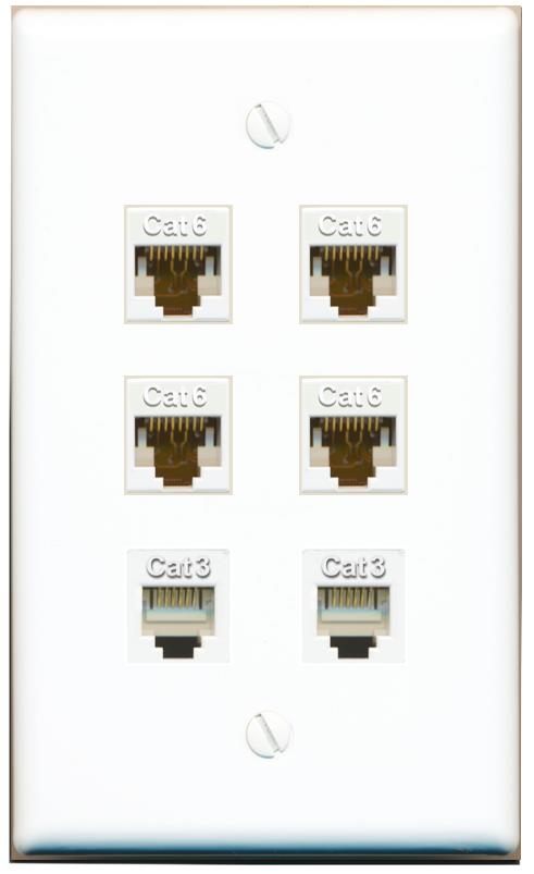  4 CAT6 2 PHONE Flat/Solid Wall Plate [White]