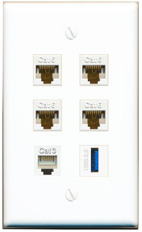  4 CAT6 PHONE USB-3 Flat/Solid Wall Plate [White]