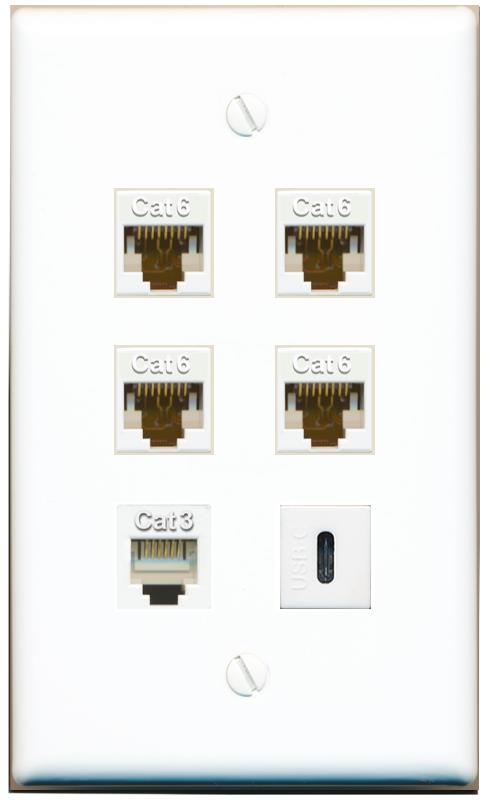 4 CAT6 PHONE USBC Flat/Solid Wall Plate [White]