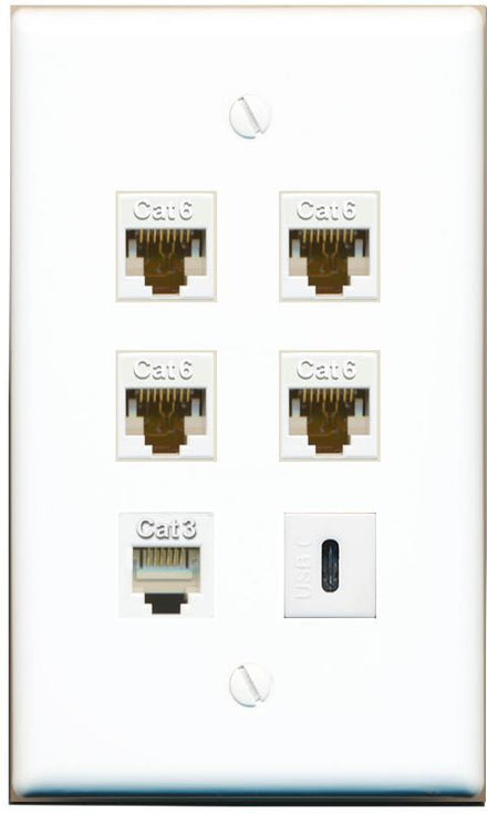  4 CAT6 PHONE USBC Flat/Solid Wall Plate [White]