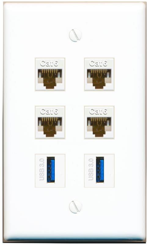  4 CAT6 2 USB-3 Flat/Solid Wall Plate [White]