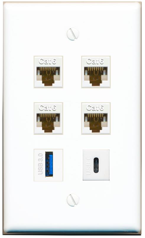  4 CAT6 USB-3 USBC Flat/Solid Wall Plate [White]