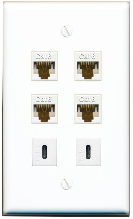 4 CAT6 2 USBC Flat/Solid Wall Plate [White]