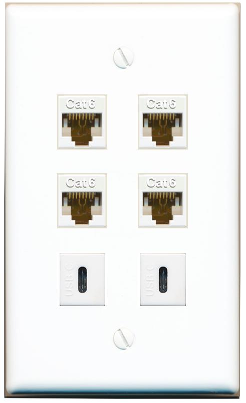  4 CAT6 2 USBC Flat/Solid Wall Plate [White]