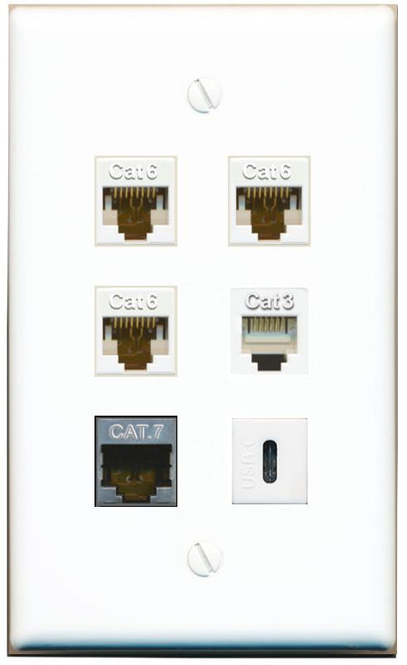  3 CAT6 CAT7 PHONE USBC Flat/Solid Wall Plate [White]