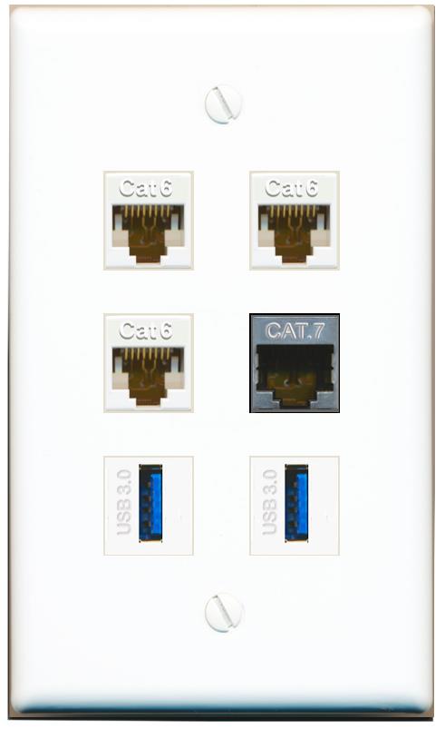  3 CAT6 CAT7 2 USB-3 Flat/Solid Wall Plate [White]