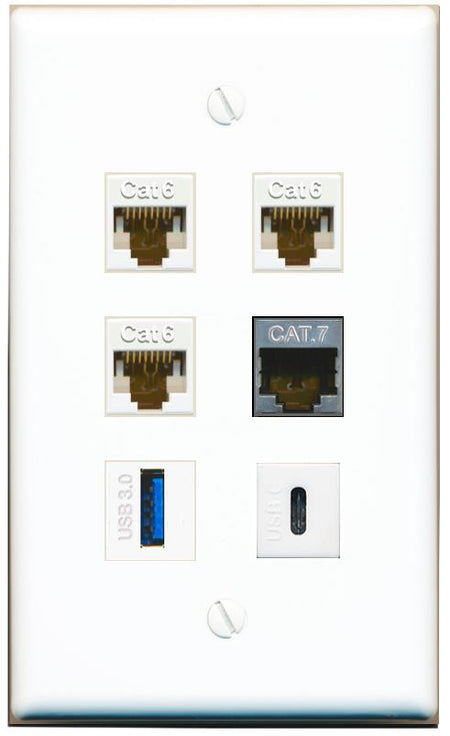  3 CAT6 CAT7 USB-3 USBC Flat/Solid Wall Plate [White]
