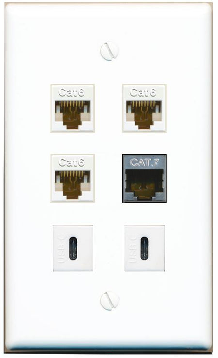  3 CAT6 CAT7 2 USBC Flat/Solid Wall Plate [White]