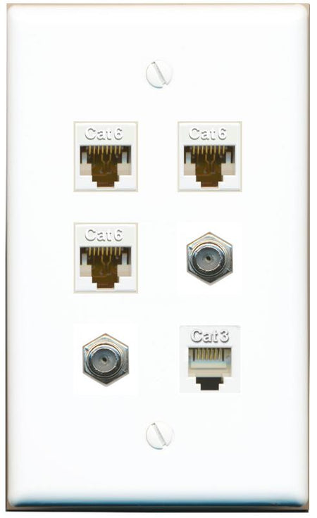  3 CAT6 2 COAX PHONE Flat/Solid Wall Plate [White]