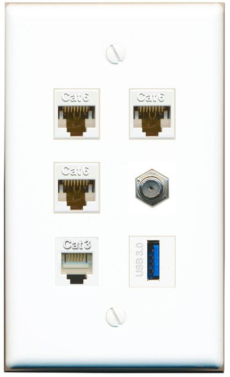  3 CAT6 COAX PHONE USB-3 Flat/Solid Wall Plate [White]