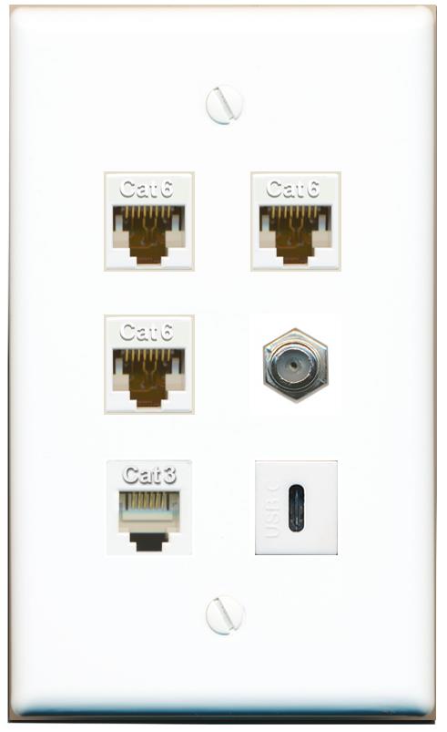  3 CAT6 COAX PHONE USBC Flat/Solid Wall Plate [White]
