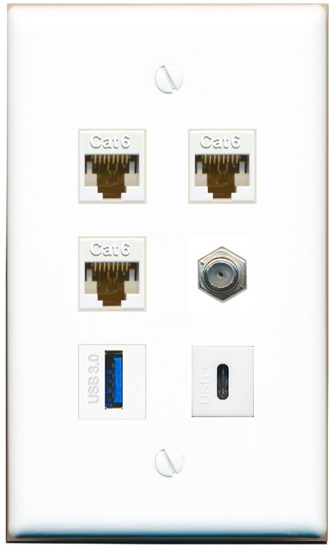  3 CAT6 COAX USB-3 USBC Flat/Solid Wall Plate [White]