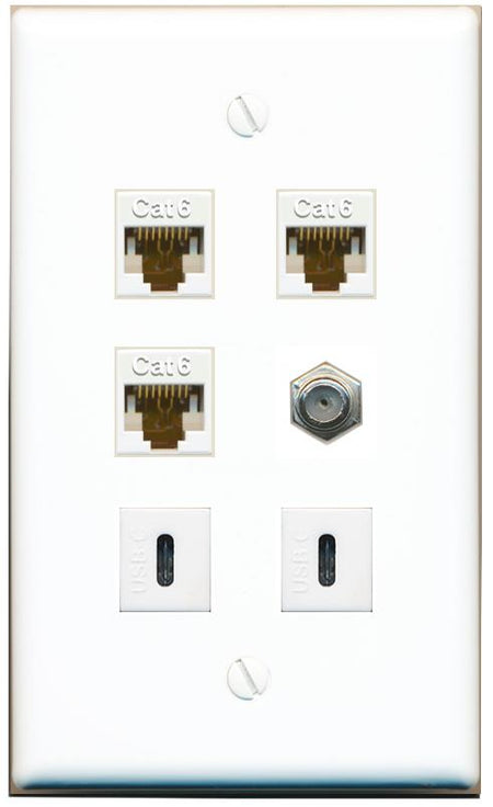  3 CAT6 COAX 2 USBC Flat/Solid Wall Plate [White]