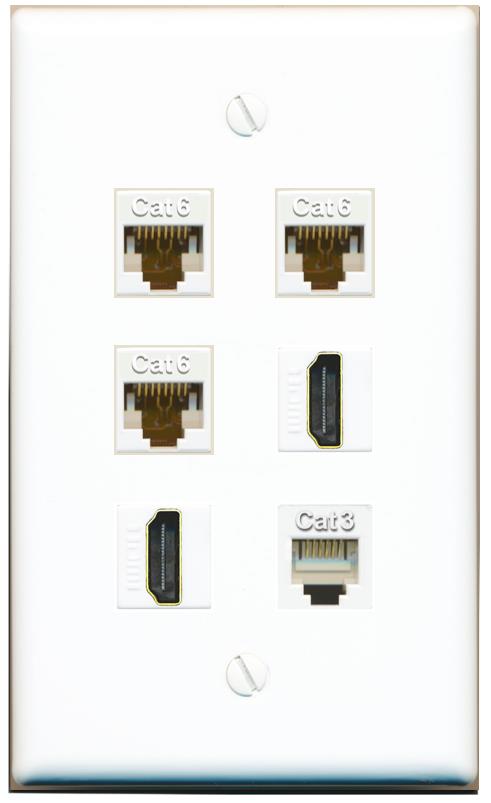  3 CAT6 2 HDMI PHONE Flat/Solid Wall Plate [White]
