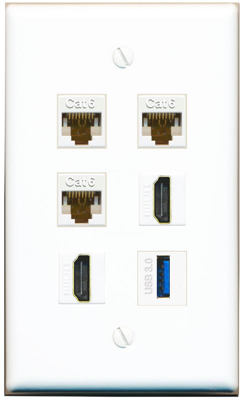  3 CAT6 2 HDMI USB-3 Flat/Solid Wall Plate [White]