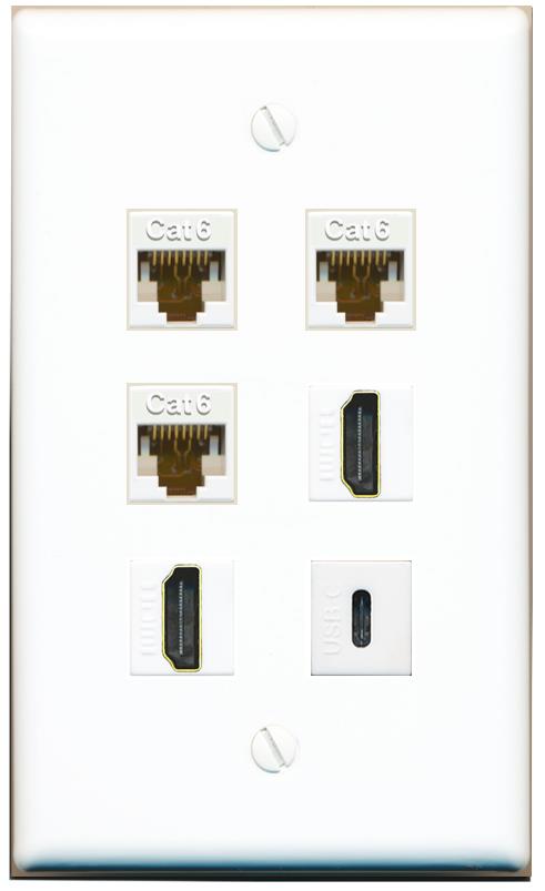  3 CAT6 2 HDMI USBC Flat/Solid Wall Plate [White]