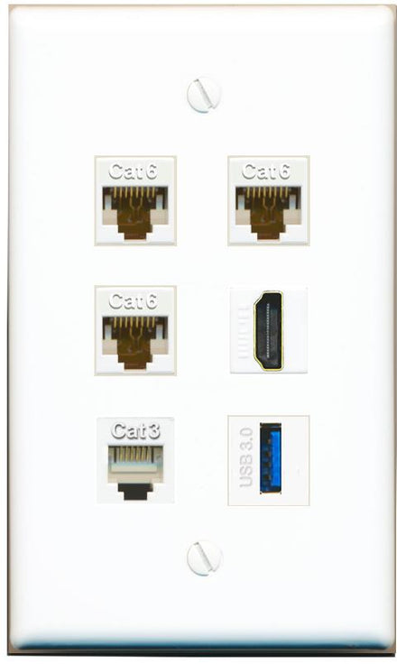  3 CAT6 HDMI PHONE USB-3 Flat/Solid Wall Plate [White]