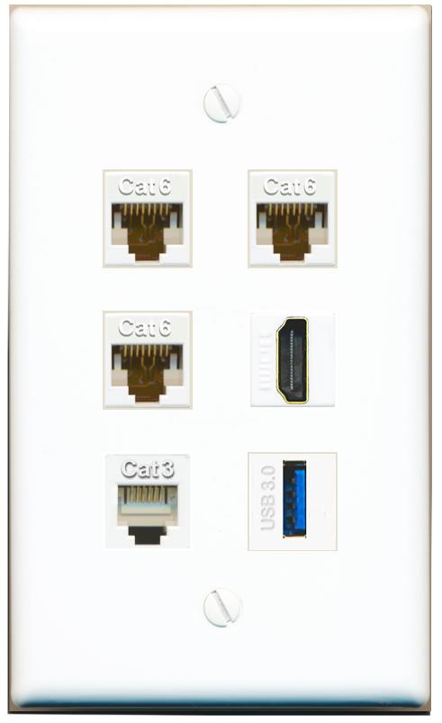  3 CAT6 HDMI PHONE USB-3 Flat/Solid Wall Plate [White]