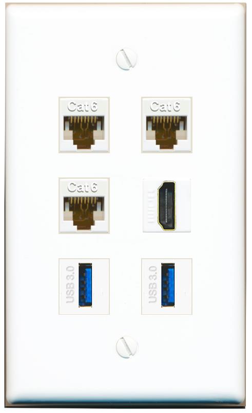  3 CAT6 HDMI 2 USB-3 Flat/Solid Wall Plate [White]