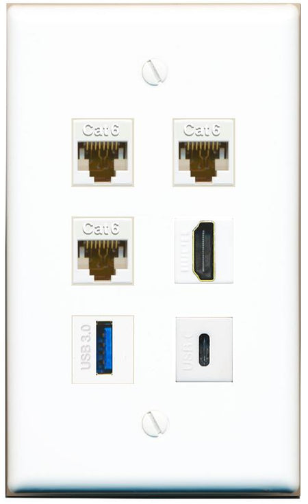  3 CAT6 HDMI USB-3 USBC Flat/Solid Wall Plate [White]