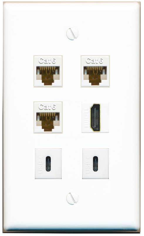  3 CAT6 HDMI 2 USBC Flat/Solid Wall Plate [White]