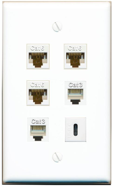  3 CAT6 2 PHONE USBC Flat/Solid Wall Plate [White]