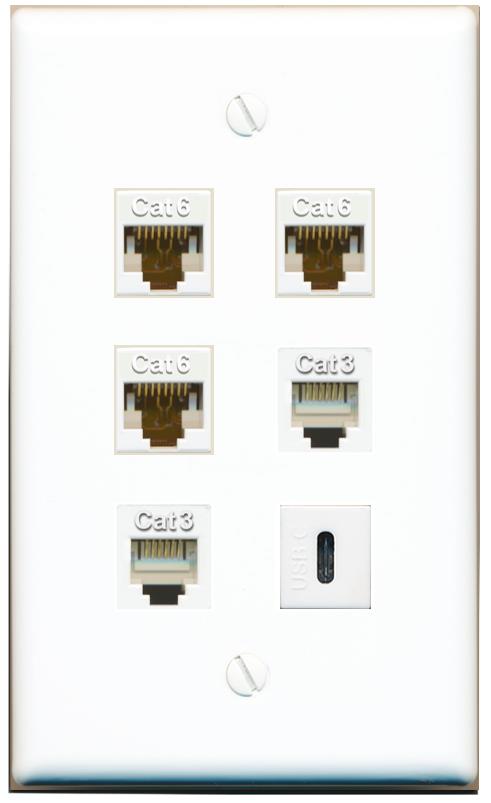  3 CAT6 2 PHONE USBC Flat/Solid Wall Plate [White]