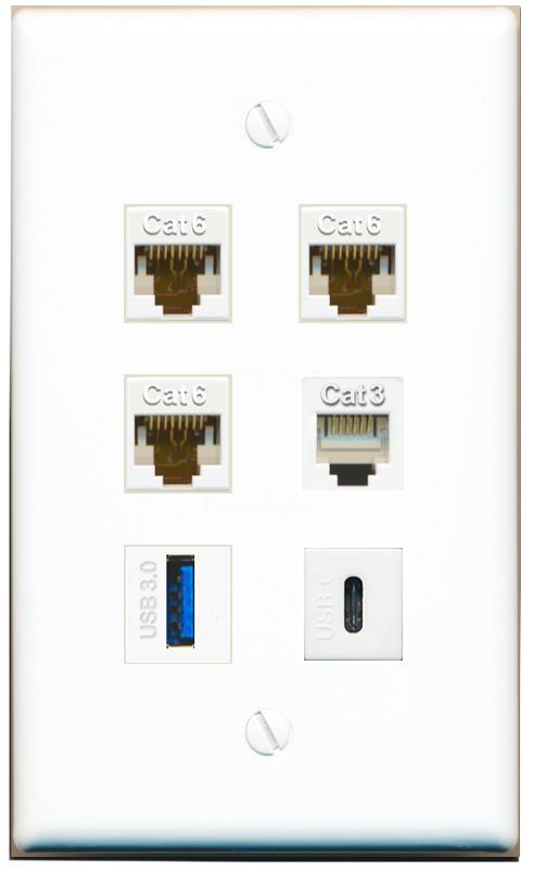  3 CAT6 PHONE USB-3 USBC Flat/Solid Wall Plate [White]