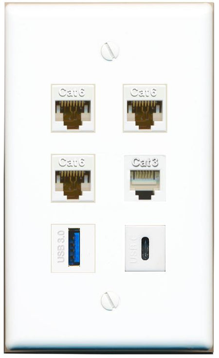  3 CAT6 PHONE USB-3 USBC Flat/Solid Wall Plate [White]