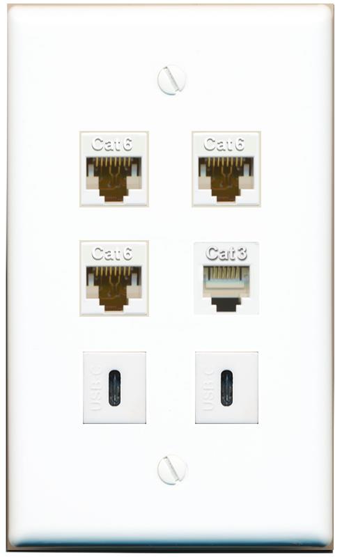  3 CAT6 PHONE 2 USBC Flat/Solid Wall Plate [White]