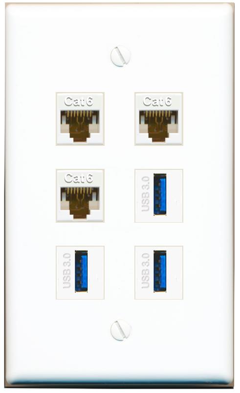  3 CAT6 3 USB-3 Flat/Solid Wall Plate [White]