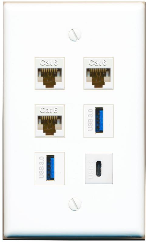  3 CAT6 2 USB-3 USBC Flat/Solid Wall Plate [White]