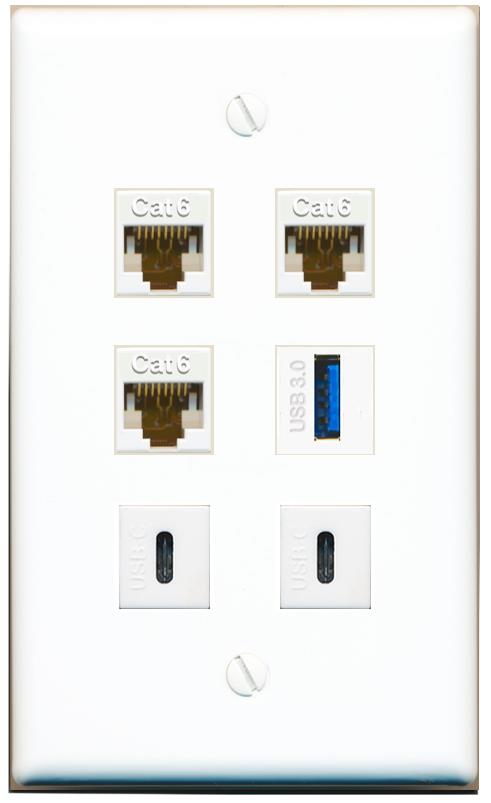  3 CAT6 USB-3 2 USBC Flat/Solid Wall Plate [White]