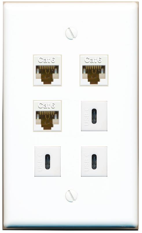  3 CAT6 3 USBC Flat/Solid Wall Plate [White]