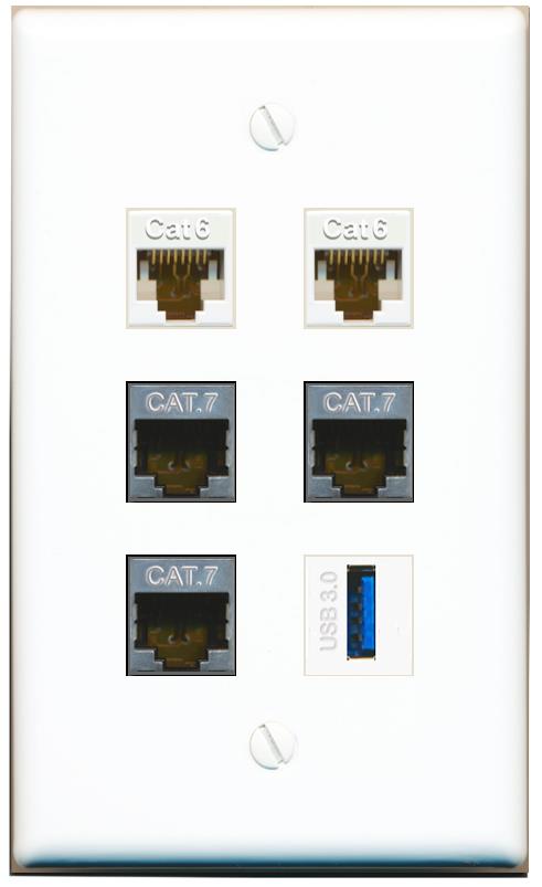  2 CAT6 3 CAT7 USB-3 Flat/Solid Wall Plate [White]
