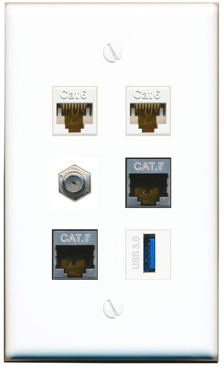  2 CAT6 2 CAT7 COAX USB-3 Flat/Solid Wall Plate [White]