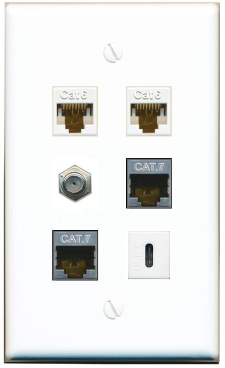  2 CAT6 2 CAT7 COAX USBC Flat/Solid Wall Plate [White]