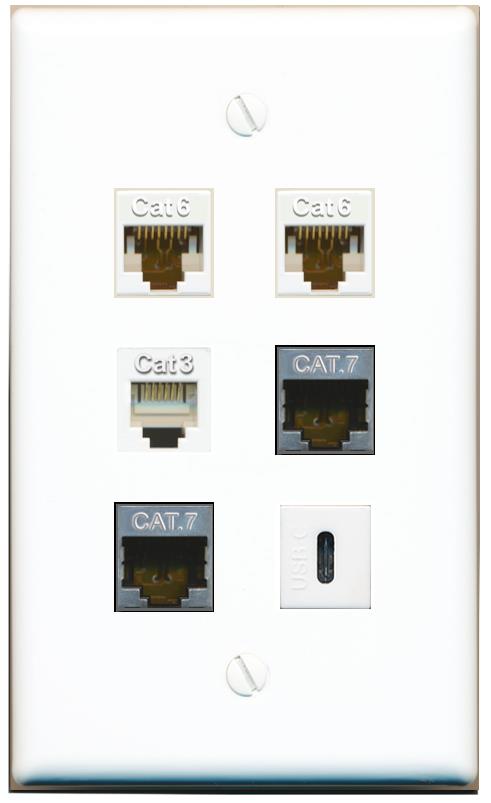  2 CAT6 2 CAT7 PHONE USBC Flat/Solid Wall Plate [White]