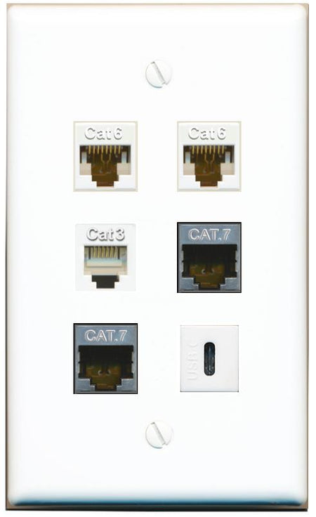  2 CAT6 2 CAT7 PHONE USBC Flat/Solid Wall Plate [White]