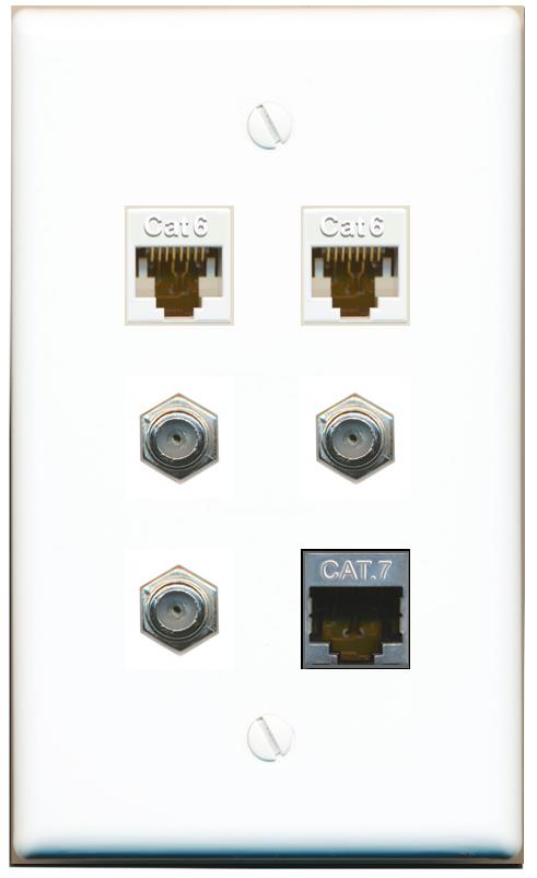  2 CAT6 CAT7 3 COAX Flat/Solid Wall Plate [White]