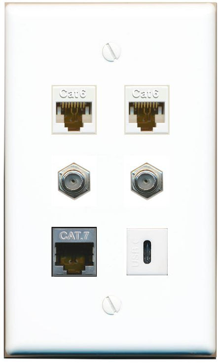  2 CAT6 CAT7 2 COAX USBC Flat/Solid Wall Plate [White]