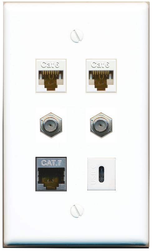  2 CAT6 CAT7 2 COAX USBC Flat/Solid Wall Plate [White]