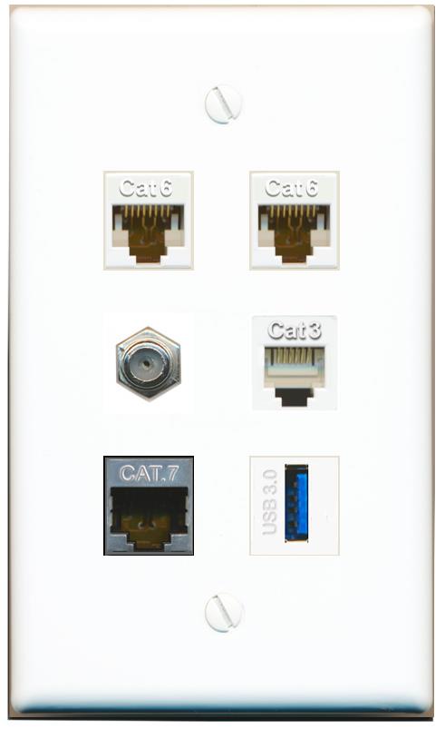  2 CAT6 CAT7 COAX PHONE USB-3 Flat/Solid Wall Plate [White]