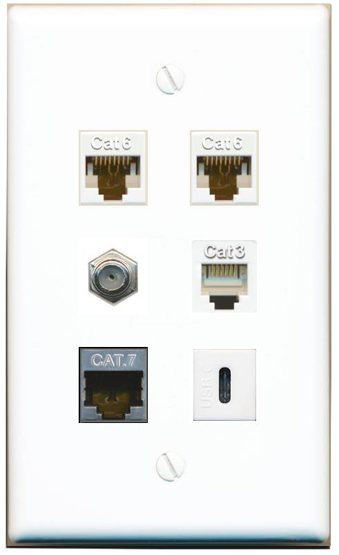  2 CAT6 CAT7 COAX PHONE USBC Flat/Solid Wall Plate [White]