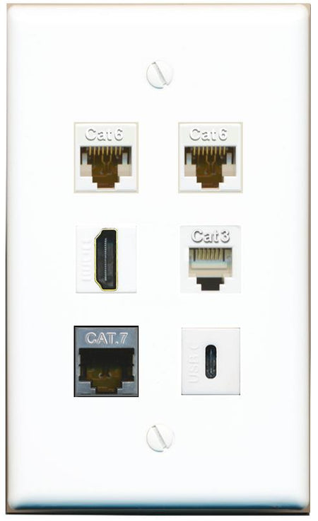  2 CAT6 CAT7 HDMI PHONE USBC Flat/Solid Wall Plate [White]