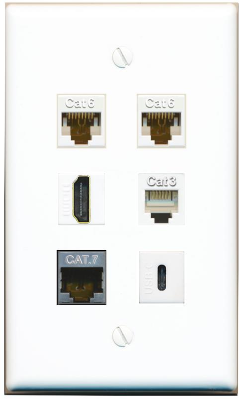  2 CAT6 CAT7 HDMI PHONE USBC Flat/Solid Wall Plate [White]