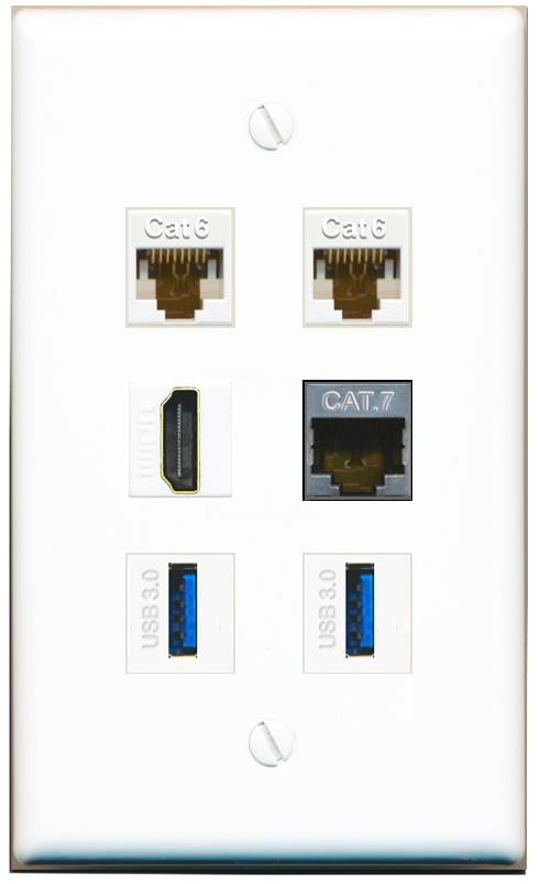  2 CAT6 CAT7 HDMI 2 USB-3 Flat/Solid Wall Plate [White]
