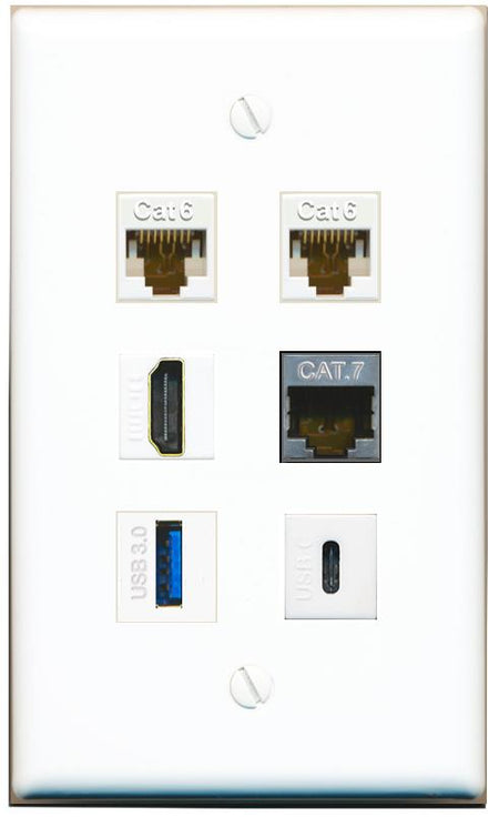  2 CAT6 CAT7 HDMI USB-3 USBC Flat/Solid Wall Plate [White]