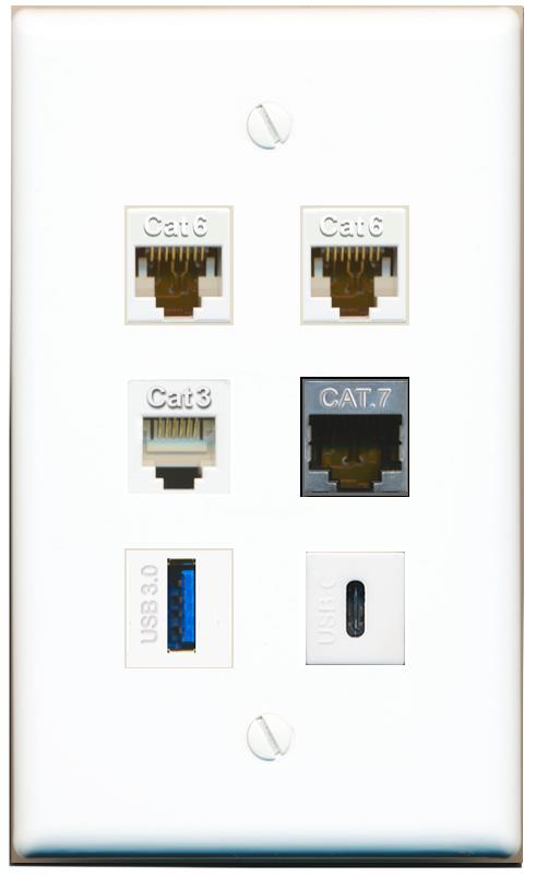  2 CAT6 CAT7 PHONE USB-3 USBC Flat/Solid Wall Plate [White]