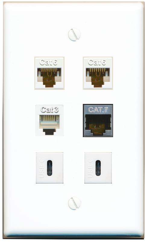  2 CAT6 CAT7 PHONE 2 USBC Flat/Solid Wall Plate [White]